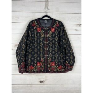 Icelandic Design Sweater Cardigan Womens Medium Black Wool Rose Floral Lined